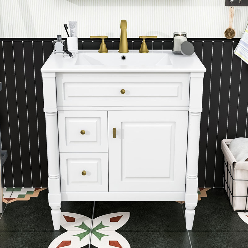 Meuble-lavabo avec lavabo en céramique, tablette réglable, 3 tiroirs et armoire de rangement, Blanc, 30"