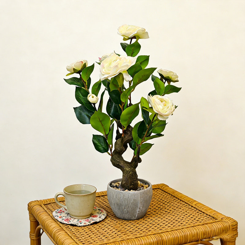 Camélia artificiel 19 "avec fleurs beiges et feuilles vertes, plante bonsaï en pot décoratif