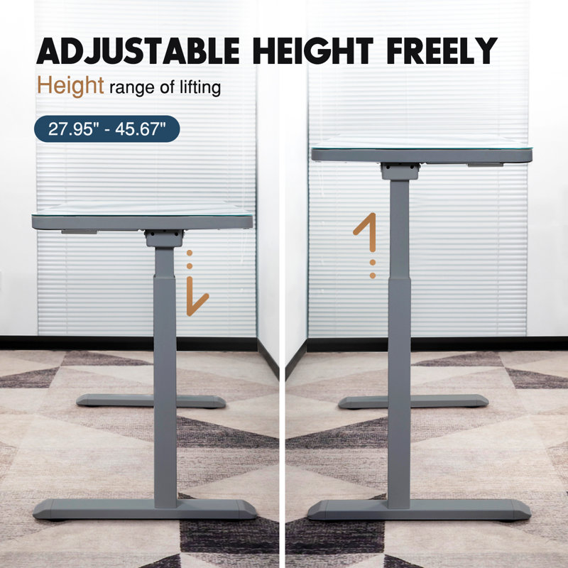 Gray Adjustable Height Standing Desk with Glass Top and Drawer