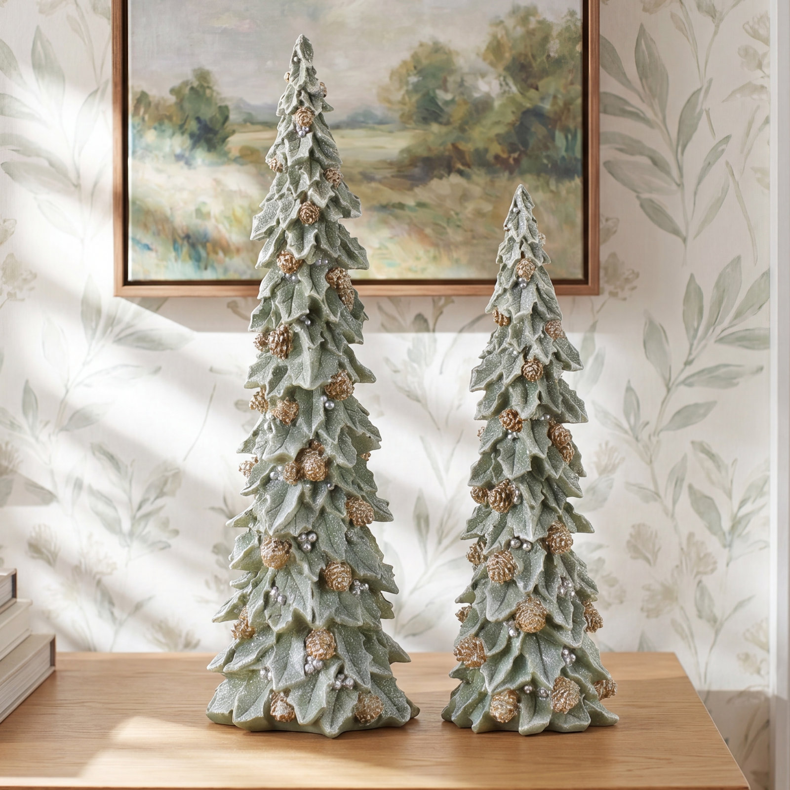 2-Piece Holly Pinecone Tabletop Tree Set