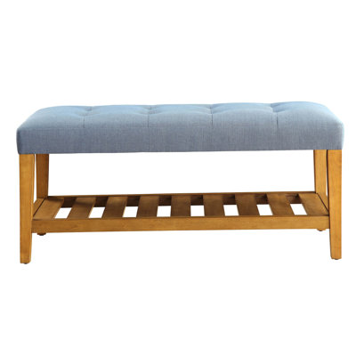 Light Blue And Oak Tufted Padded Seat Bench