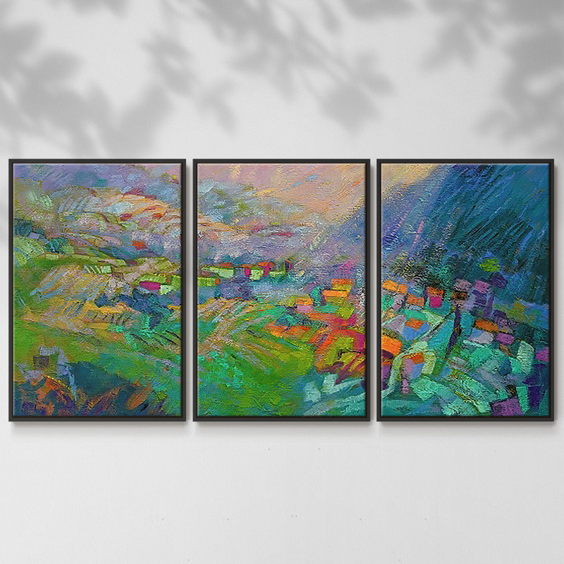 Peinture encadrée sur toile, 3 pièces, Cadre noir, H 36 po x l 75 po