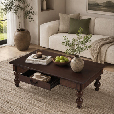 47" Vintage Rectangular Wooden Coffee Table with Storage Drawer, Rustic Cocktail Center Table with Turned Solid Wood Legs