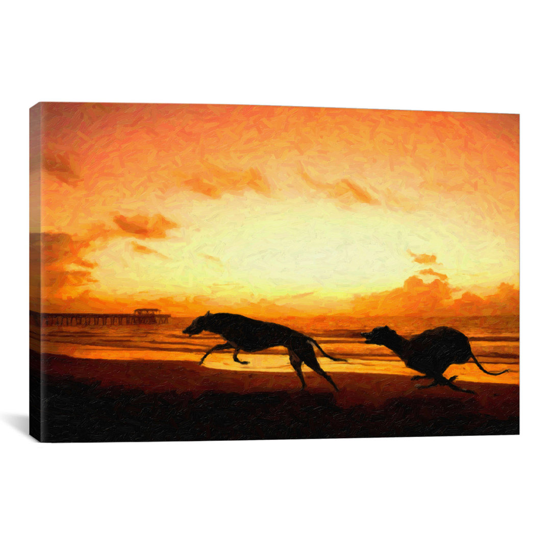 'Greyhounds on Beach at Sunset' by Michael Tompsett Painting Print on Canvas Ebern Designs Mat 