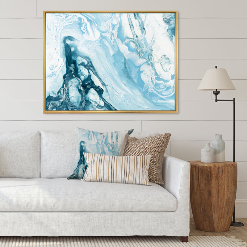Blue Wave Liquid Art " Blue Wave Liquid " Painting Print, Gold Floater Frame, 34" H x 44" W