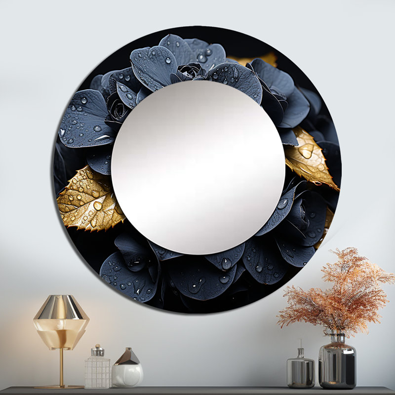 Noir «Allure Hydrangea I», miroir mural rond noir, art imprimé en métal, 23 po x 23 po