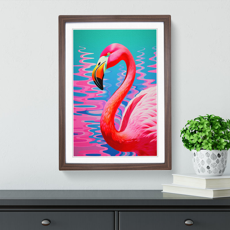 Flamingo Op No.3 - Single Picture Frame Print on Wood, 46cm H x 34cm W x 2cm D, Walnut