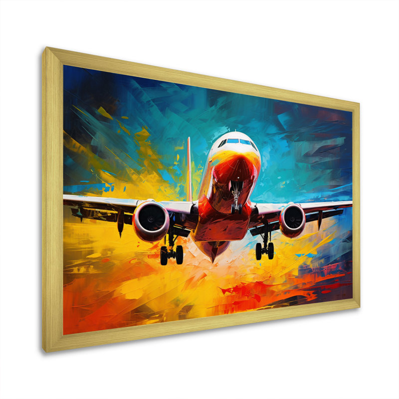 Avion énergique de départ sur toile, Encadrement doré, H 30 po x l 40 po x P 1,5 po