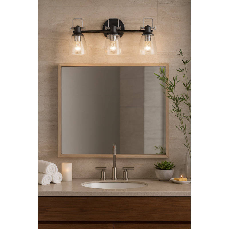 Easton Three-Light Bath Vanity Fixture w/ Clear Seedy Glass Shades, Black/Silver