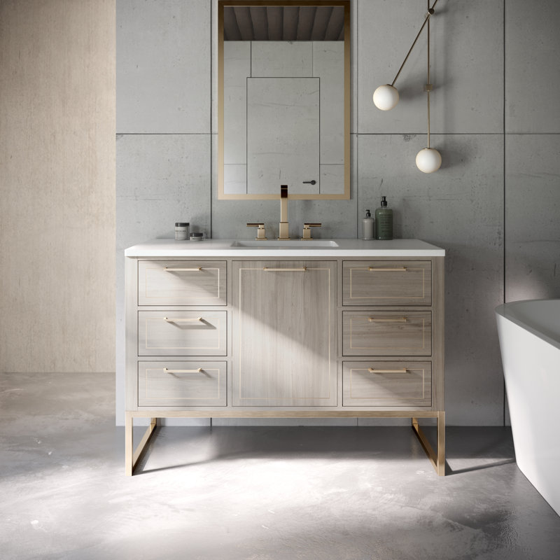 Markham 48'' W Single Vanity, Universal Calacatta Quartz, Cashmere Gray, Satin Brass