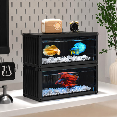 Aquarium empilable pour poissons combattants, aquarium de bureau compact avec couvercle à charnière et éclairage DEL pour petits poissons et tortues