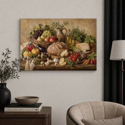 Rustic Harvest Still Life With Bread Vegetables And Herbs Artwork, Dining Room Pictures, Framed Canvas Giclee Print Wall Art