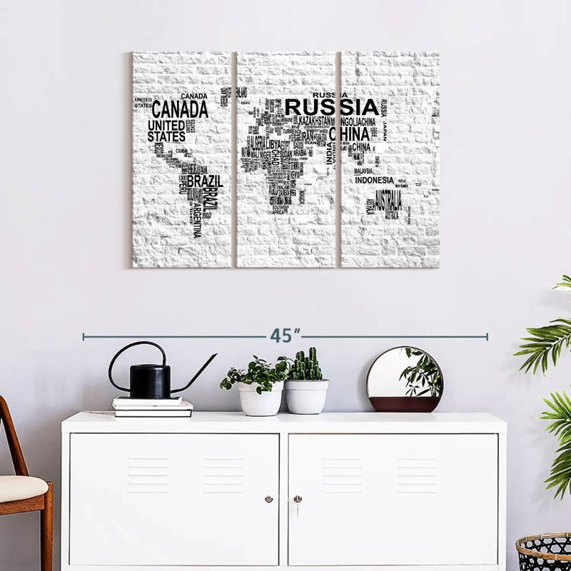 " Brick Typography Map " 3 - Pieces, 24" H x 38" W x 1.25" D