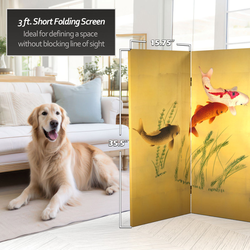 36" x 50.4" Bamboo Tree Double Sided Tree 4 Panel Room Divider, Gold Koi Pond