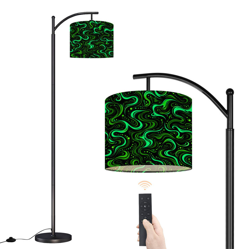 Arc Floor Lamp with Adjustable Lampshade Abstract Green Swirling Black Standing Lamp 3 Colour Dimmable Tall Lamp with Foot Switch Remote Control