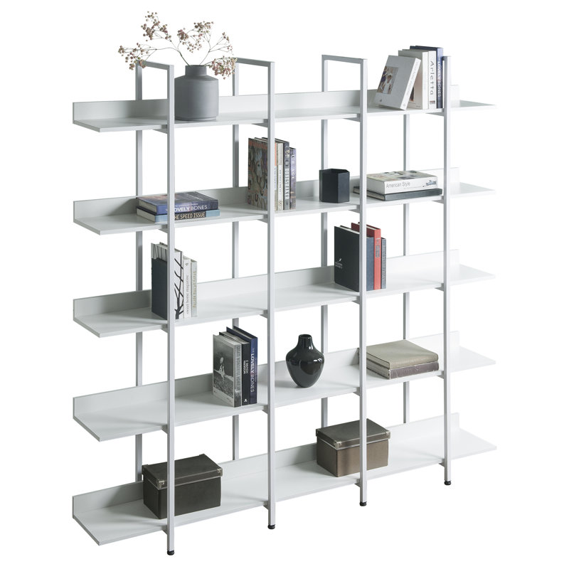 5 Tier Bookcase Home Office Open Bookshelf, Vintage Industrial Style Shelf With Metal Frame, MDF Board, White