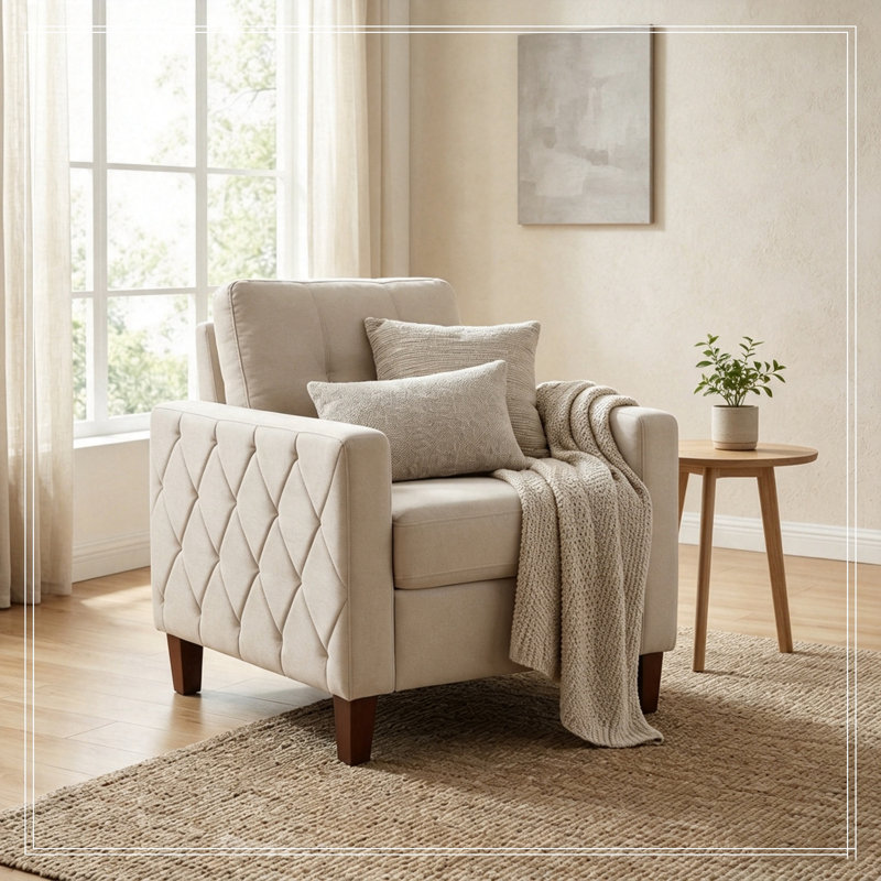 Canapé rembourré avec accoudoirs carrés capitonnés, Beige