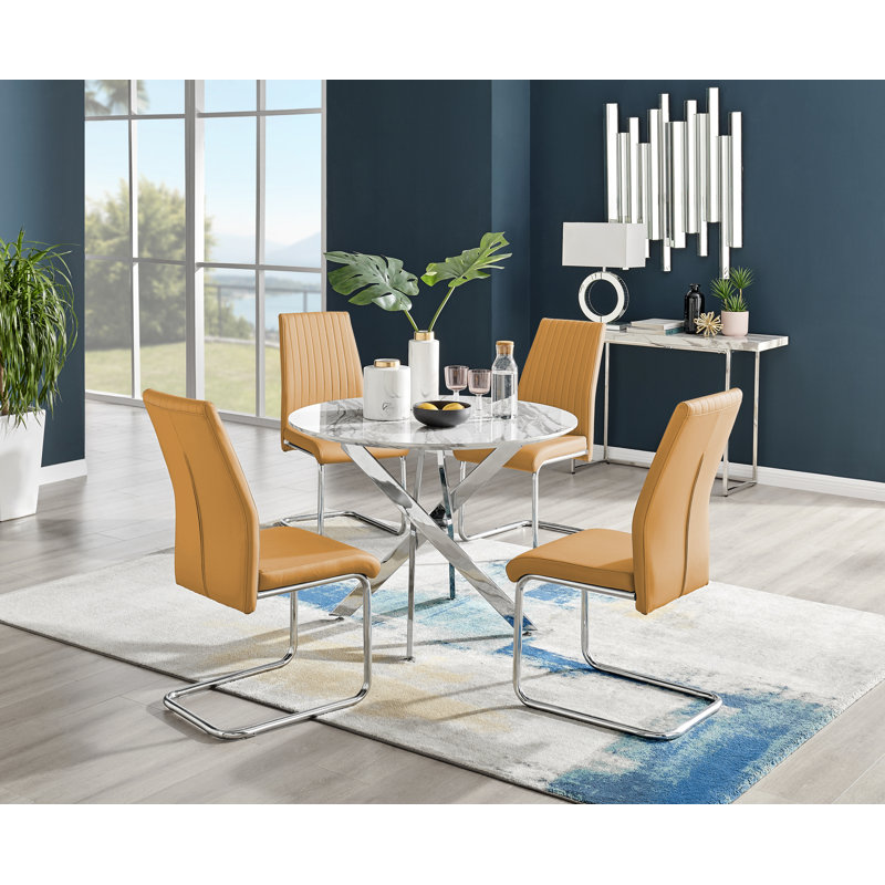 Tierra Modern Chrome Metal & Veneer Round Dining Table Set with 4 Upholstered Faux Leather Chairs, 75cm H x 100cm W x 100cm L