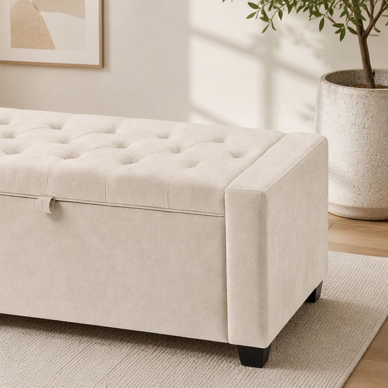 Banc de rangement en tissu chenille avec charnière de sécurité, Beige, Beige
