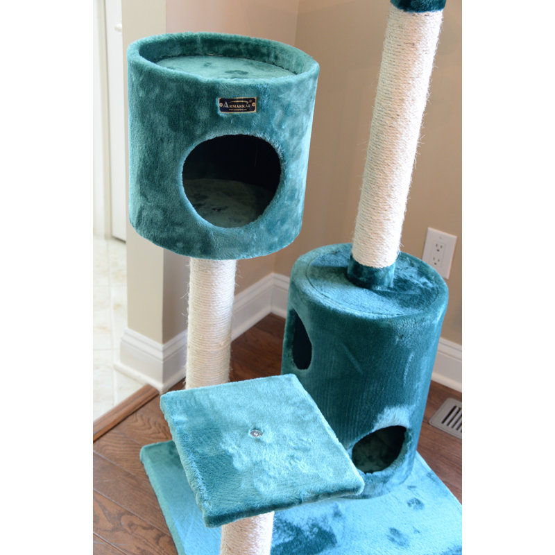 Dark Green Faux Fur and Sisal Cat Tree with Playhouses