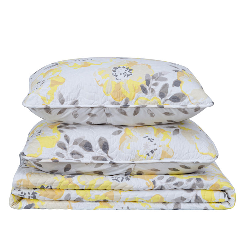 Helene King Yellow Floral Reversible Microfiber Quilt Set