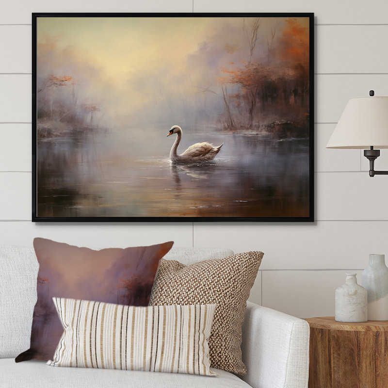 Cygne dans la brume II sur toile, Cadre flottant noir, H 34 po x l 44 po x P 1,5 po