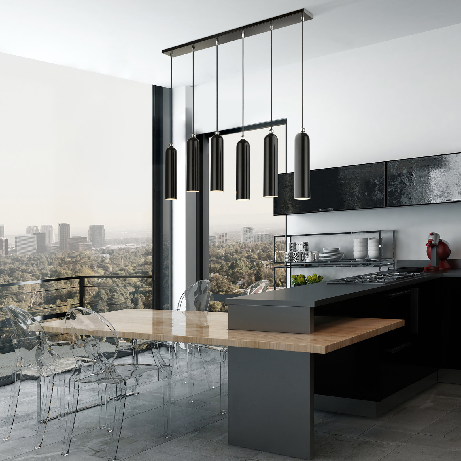 Veikko Dimmable 6-Light Pendant, Shiny Black