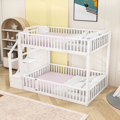 Full Over Full Low Profile Bunk Bed with Storage Staircase and Guardrails