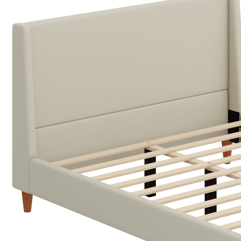 Lit plateforme tapissier avec tête de lit à oreilles et pieds en bois, Beige, Grand lit