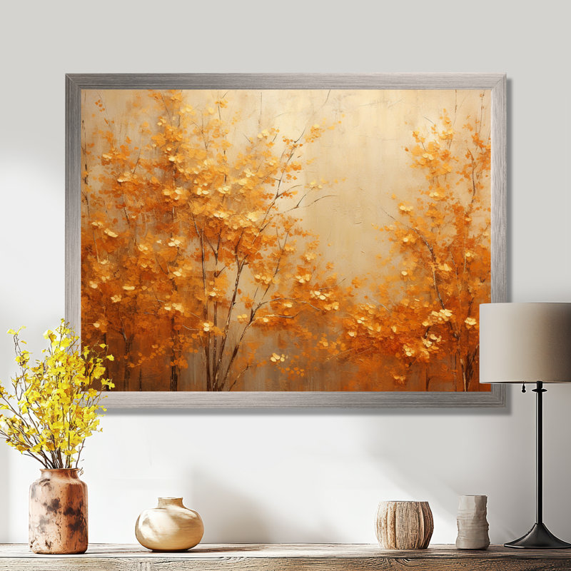 «Golden Autumn Forest Harmony I», art mural forêt pour le salon, H 16 po x l 32 po x P 1 po, Cadre simple argenté