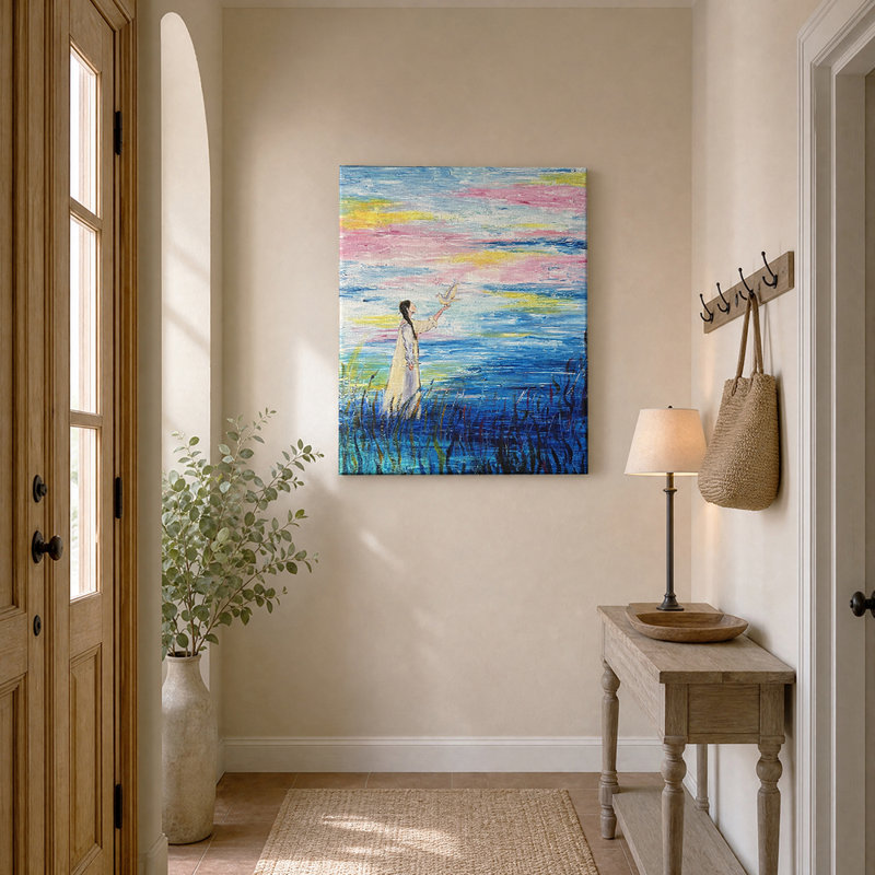 Femme sous un ciel pastel, toile murale, H 14 po x l 11 po, Toile tendue avec châssis