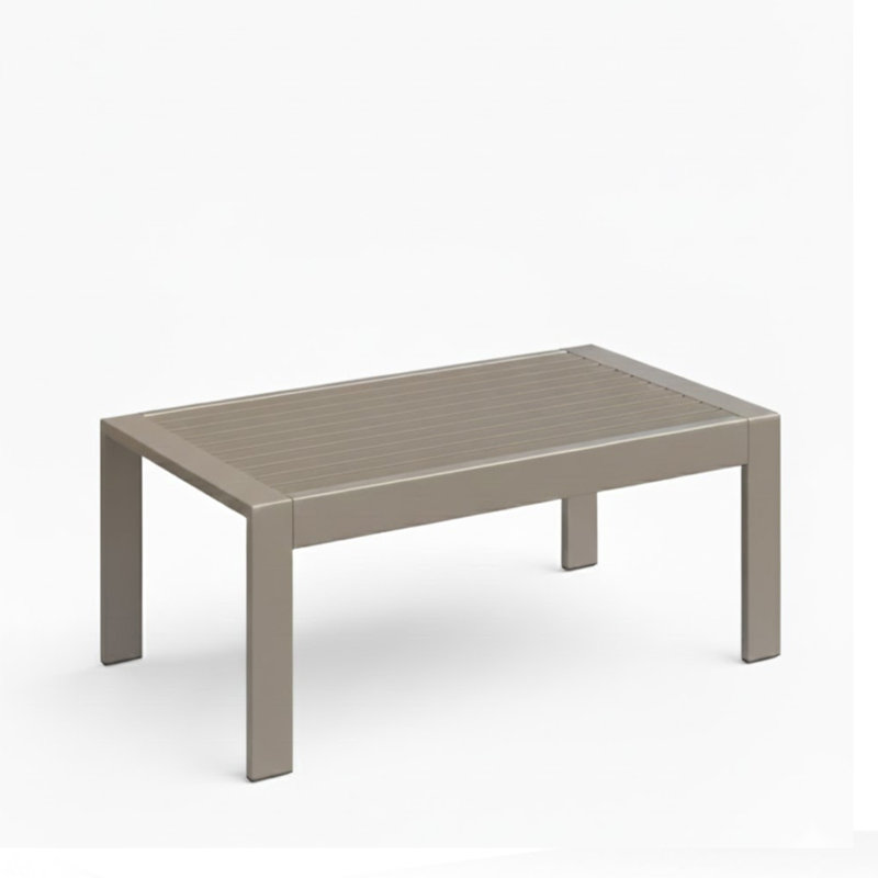 43" Modern All-Weather Outdoor Coffee Table, Heavy-Duty Metal Frame Wood-Look Patio Table, Khaki