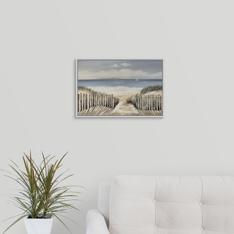 « seascape escape », peinture sur toile, H 13,7 po x l 19,7 po x p 1,75 po, Cadre flottant blanc