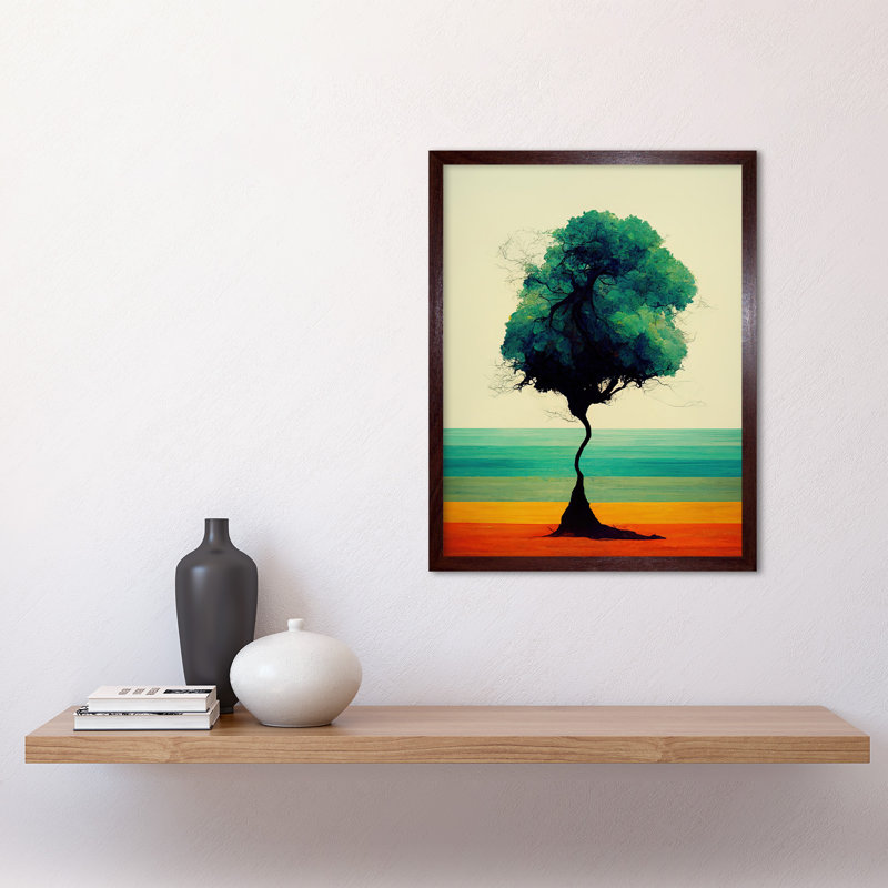 Abstract Tree Rainbow Landscape Watercolour - Print, 43cm H x 33cm W, Brown Framed Paper