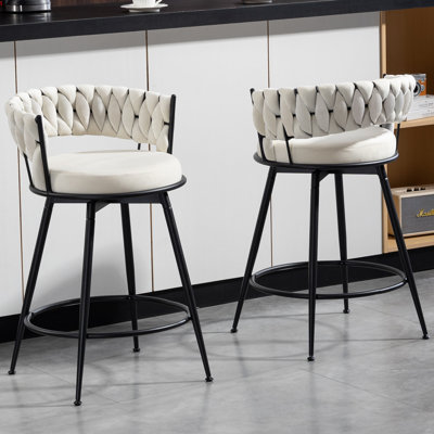 Counter Height Bar Stools Set of 2 - 360° Swivel with Suede Fabric & Modern Woven Design, Backrest & Footrest for Kitchen Cafe Pub