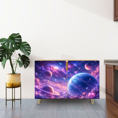 Buffet Buffet avec rangement surréaliste, scène vibrante, planètes, galaxies, cœurs flottants avec 2 portes pour le salon et la cuisine