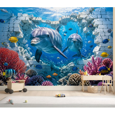 Wall Mural Peel and Stick Wallpaper Underwater Dolphin Scene Colorful Fish Coral Reefs Self-Adhesive Removable Contact Paper Wall Decor for Living Room Bedroom 69"H x 96"W