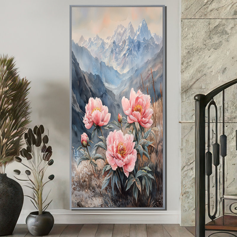 Pivoines dans la vallée balayée par le vent IV - pivoines, art mural, H 60 po x l 28 po, Reproduction avec cadre flottant