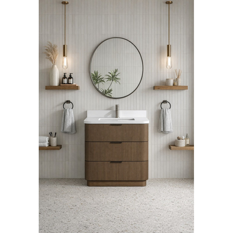 Ensemble de meuble-lavabo simple 30 po avec plateau en quartz Calamigo, Noyer