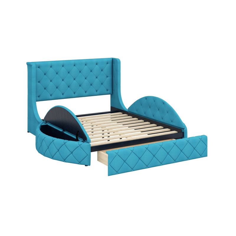 Grand lit plateforme tapissier avec rangement et tête de lit à oreilles, Bleu