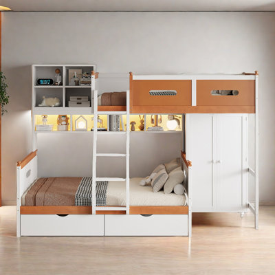 Lit superposé simple au-dessus de double avec tiroirs, bibliothèque et armoire
