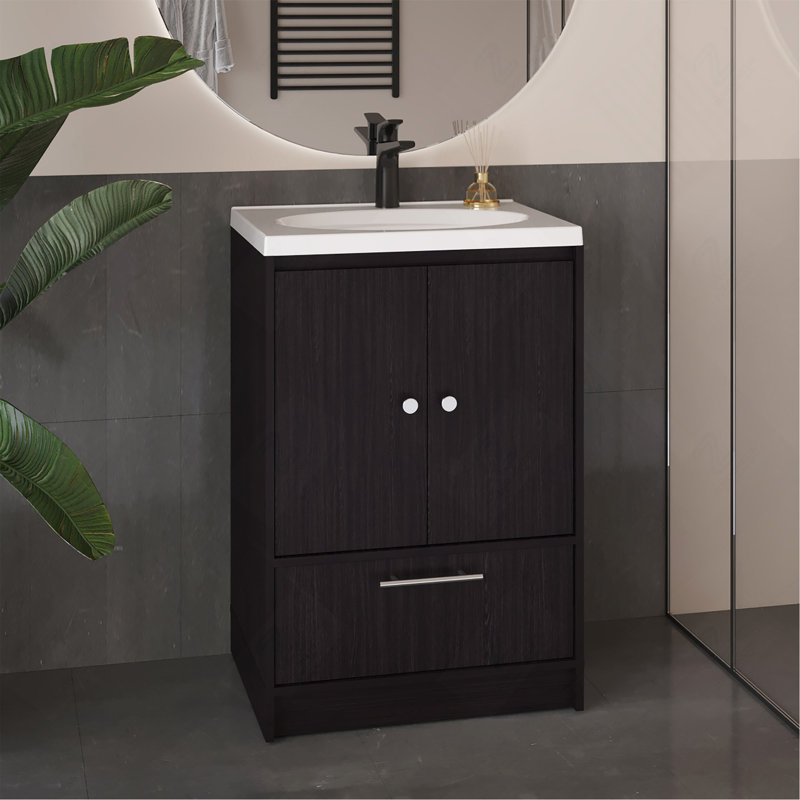 Meuble-lavabo avec deux portes et deux tiroirs Madison, noir, Noir, White Resin