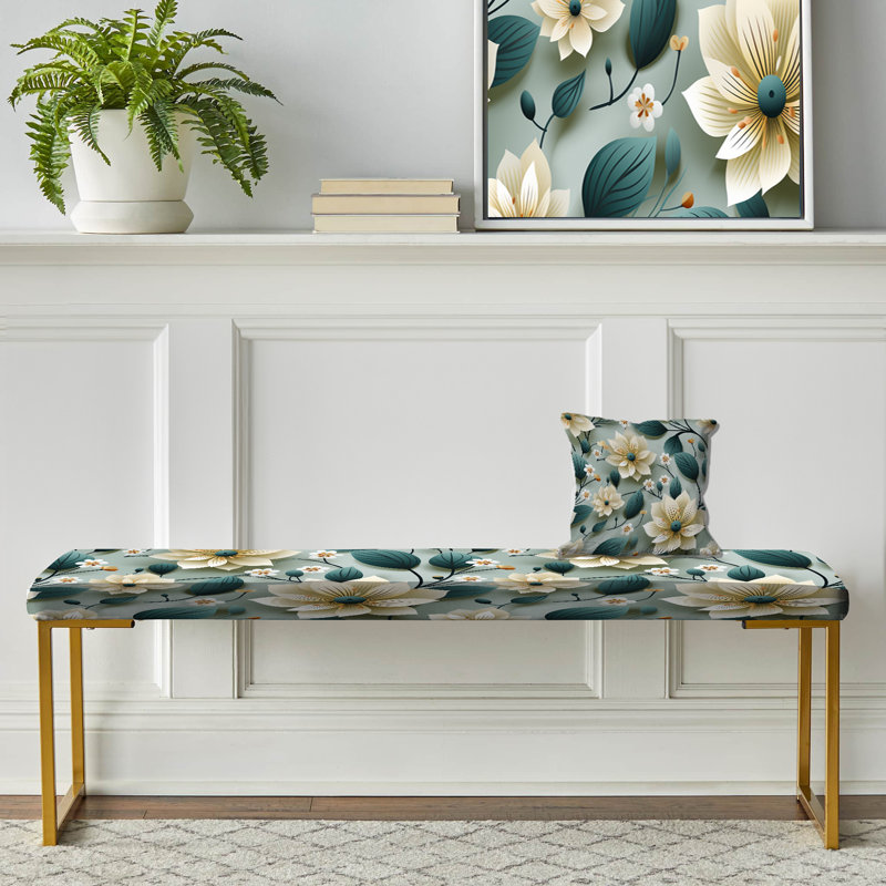 Bleu sarcelle et ivoire, motif floral côtier - banc rembourré doré floral