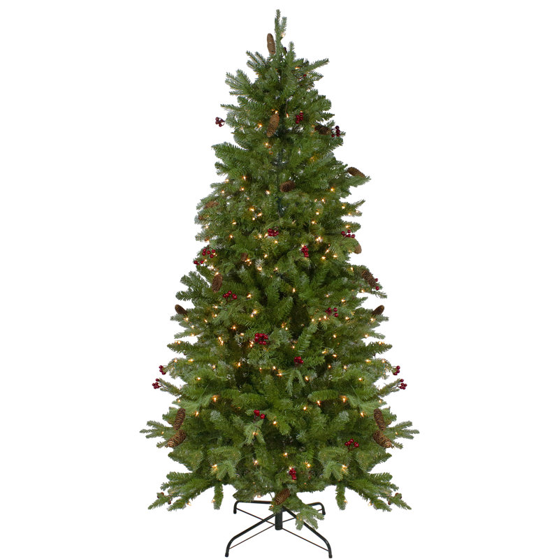 Arbre de Noël artificiel 7,5 pi avec lumières et baies mixtes pré-éclairées, 6.5' H