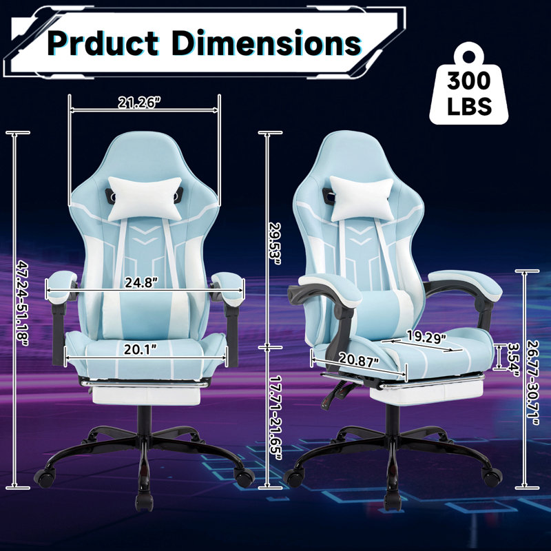 Blue White Gaming Chair, Computer Chair Ergonomic Chair, With Footrest Office Chair, Ergonomic Computer Chair With Lumbar Backrest