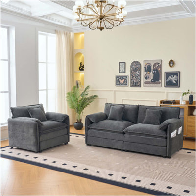 Ensemble de fauteuils de canapé et de causeuse 2 pièces, siège profond, ensemble de canapé-lit en tissu d'ameublement en chenille moderne avec 3 coussins pour le salon, la chambre à coucher et le bureau