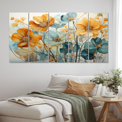 «Teal Orange Botanical Fragments I», reproduction d'art abstrait botanique - 5 panneaux égaux