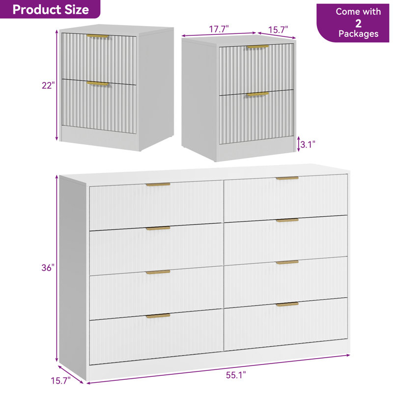 3-Piece 8-Drawer Dresser & 2-Drawer Nightstand Set, White