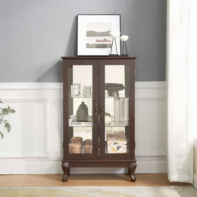 Vitrine 2 portes avec portes en verre trempé, armoires de terrasse avec panneau arrière en miroir et tablettes réglables, vitrine éclairée pour la maison, ampoule de bureau incluse