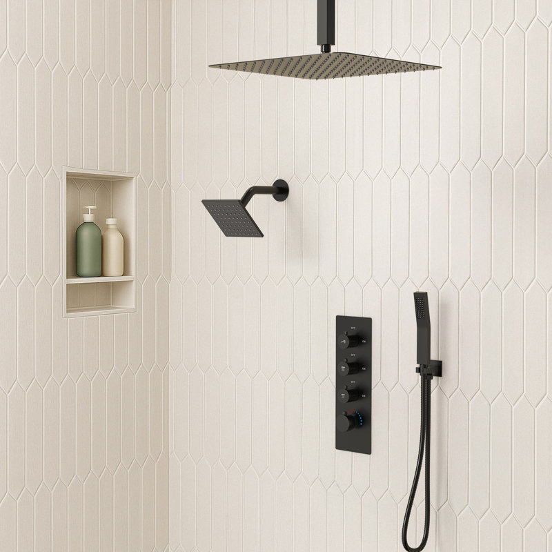 Thermostatic Shower Faucet System, Ceiling Mount High-Pressure Rainfall Dual Shower Head with Rough-In Valve, Matte Black